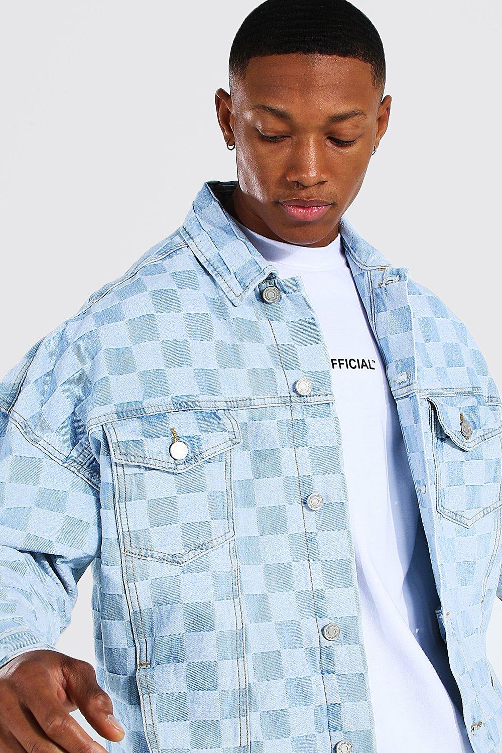 Men s Oversized Checkerboard Denim Jacket Boohoo UK